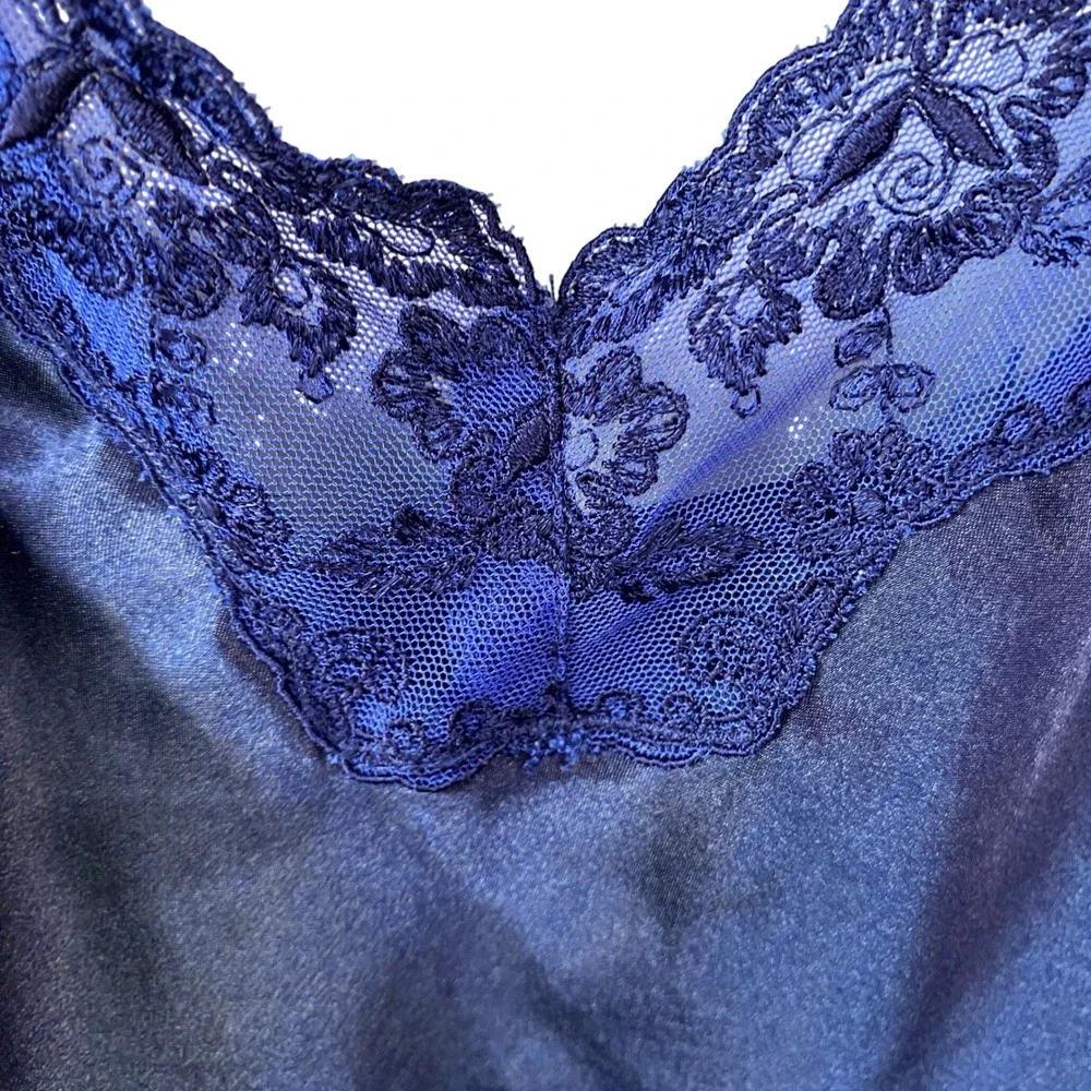 La Mouette Navy Blue Satin Lace Trim Chemise Slip‎ Dress Nightgown Medium